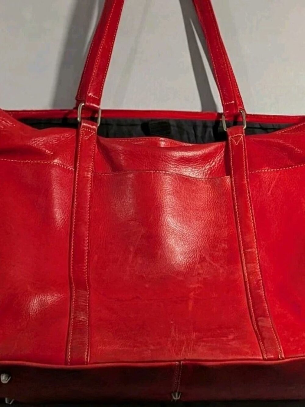LeDonne Red Leather Tote Handbag Softer Leather Multiple Pockets Medium Size
